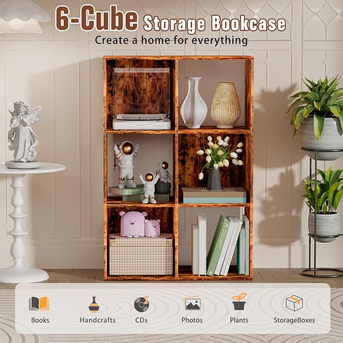 6 Cube Storage Organizer, Open Bookshelf Storage Cubes Shelf with Back Panel, Wooden Display Shelf Bookcase Standing Shelves for Living Room, Bedroom, Home Office (Vintage Brown, 6-Cube)