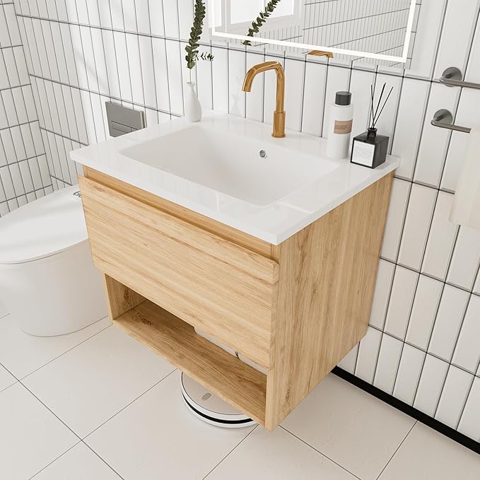 24 inch 3D Carved Bathroom Vanity with Open Compartment, Floating Cabinet with Soft-Close Drawer,with Ceramic Basin,Single Shelve,Mid Century Modern,Triamine Finish (Yellow Oak/White Sink)