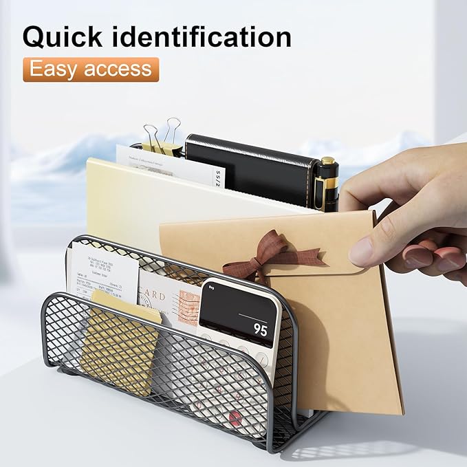 gianotter Mail Organizer Countertop, Book Shelf,Metal File Holder with 3-Slot, Book Shelf, Bill Organizer for Office Receipts and Letter Paper Storage (Black)