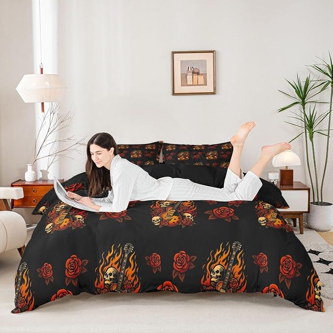 Erosebridal Guitar Rose Bedding Set Full for Adults Women - Cool Skeleton Flame Duvet Cover Punk Rock Music Comforter Cover,Floral Gothic Skull Print Bed Set