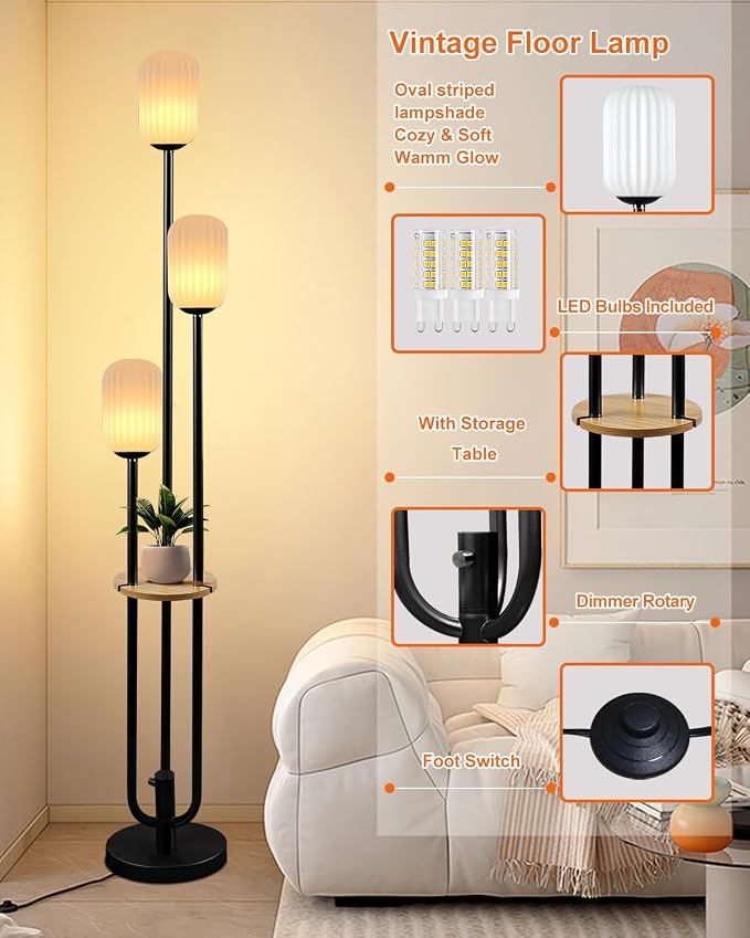 Lightdot Black Dimmable Floor Lamp with Shelf Modern Floor Lamps with Oval Striped Lampshade & Bulb Included 3-Lights Tall Lamp with 5Lbs Heavy Base for Living Room/Bedroom/Sofa Beside/Corner Decor