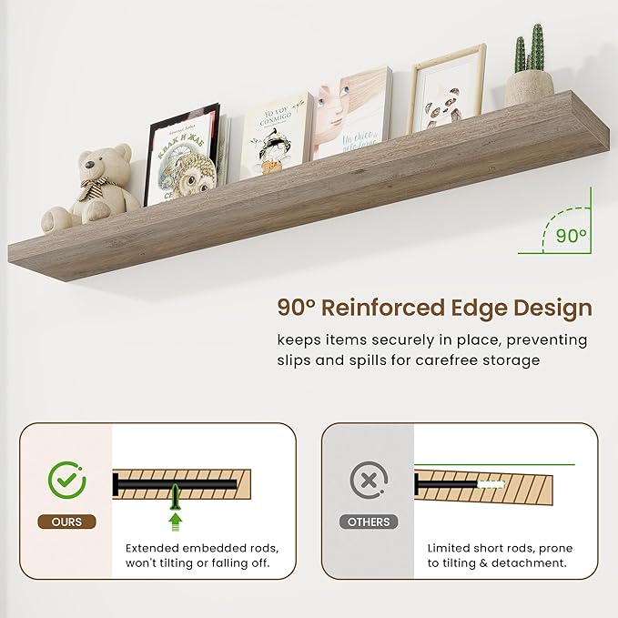 72in Floating Shelves for Wall, 72"W x 9.25"D x 1.5"H, Long Wall Mounted Engineered Wood Shelves with Invisible Brackets for Living Room, Bedroom, Bathroom, Kitchen Decor and Storage, Grey