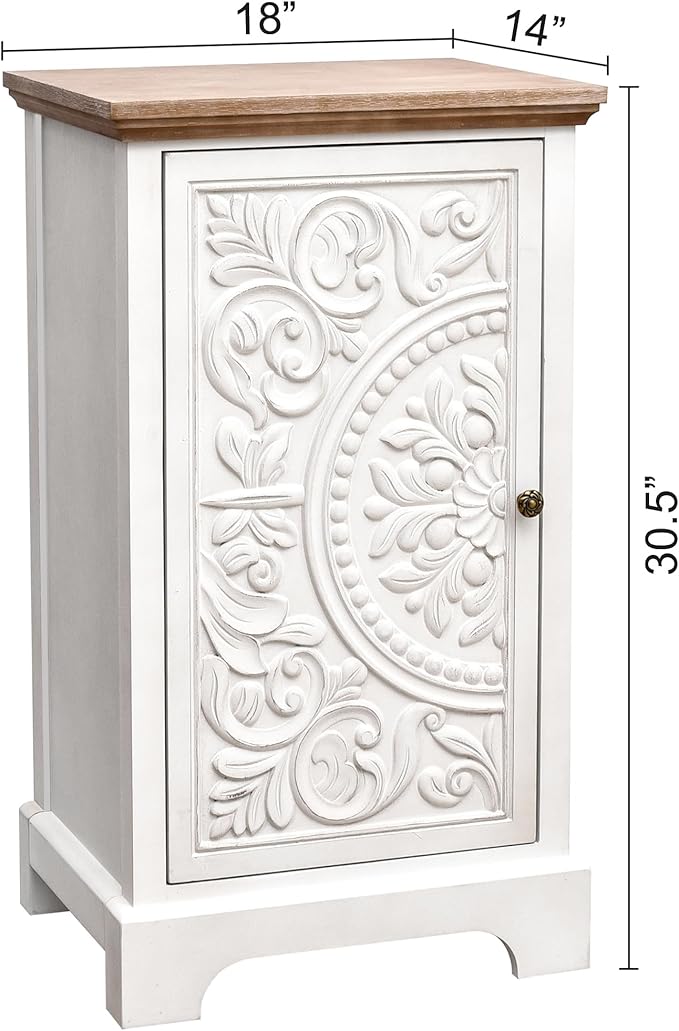 eHemco Ornate Floral Carved End Table with Storage, 18 x 14 x 30.5 Inches, Retro Style Living Room Furniture, Natural and White