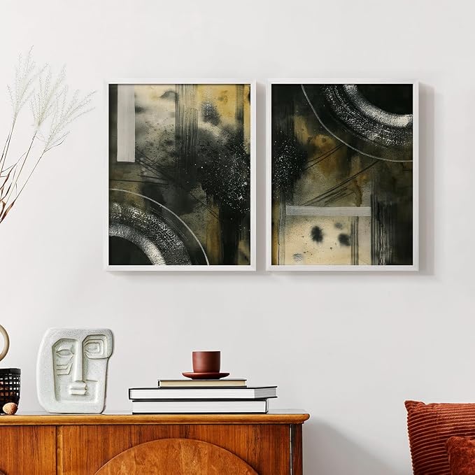 Renditions Gallery Set of 2 Peel & Stick Framed Prints, Moody Abstract Wall Art, Circular and Splattered Effects Wall Decor, Re-Stickable - Ready to Hang - 8"x10" - White Frame LT588