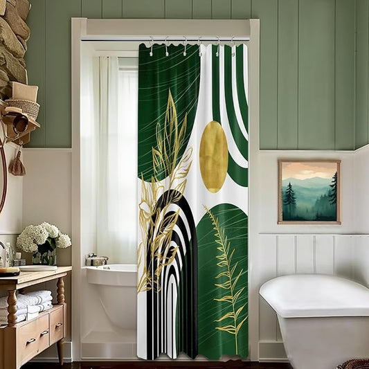 Olive Green and Gold Shower Curtain Boho Mid Century Modern Hunter Green Shower Curtains for Bathroom Decor Sets, Waterproof Cloth Fabric with Hooks 36x72in