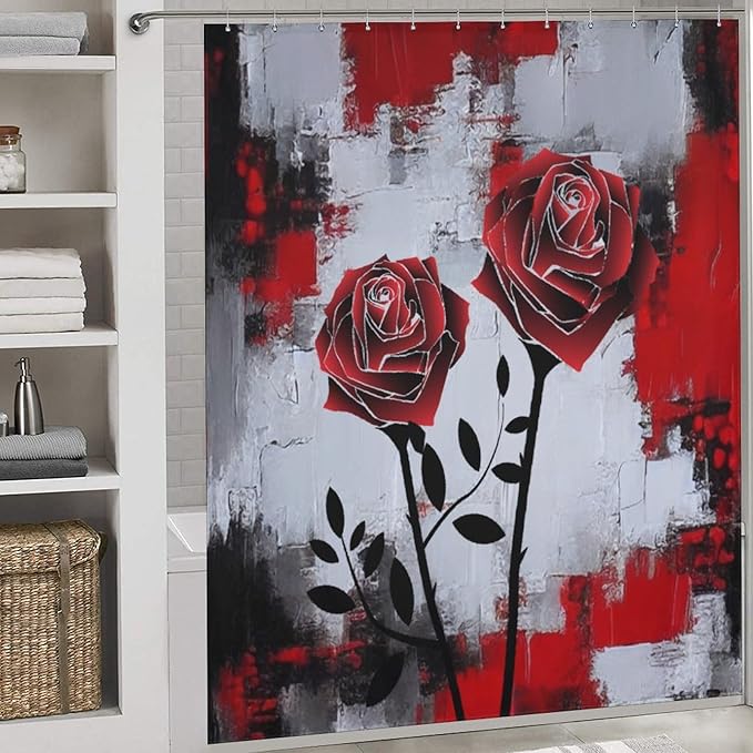 Red Rose Abstract Shower Curtain Nature Red Rose Floral Valentine's Day Artistic Waterproof Shower Curtains for Bathroom Decor 12 Pack Hooks 72x72in (183x183cm)