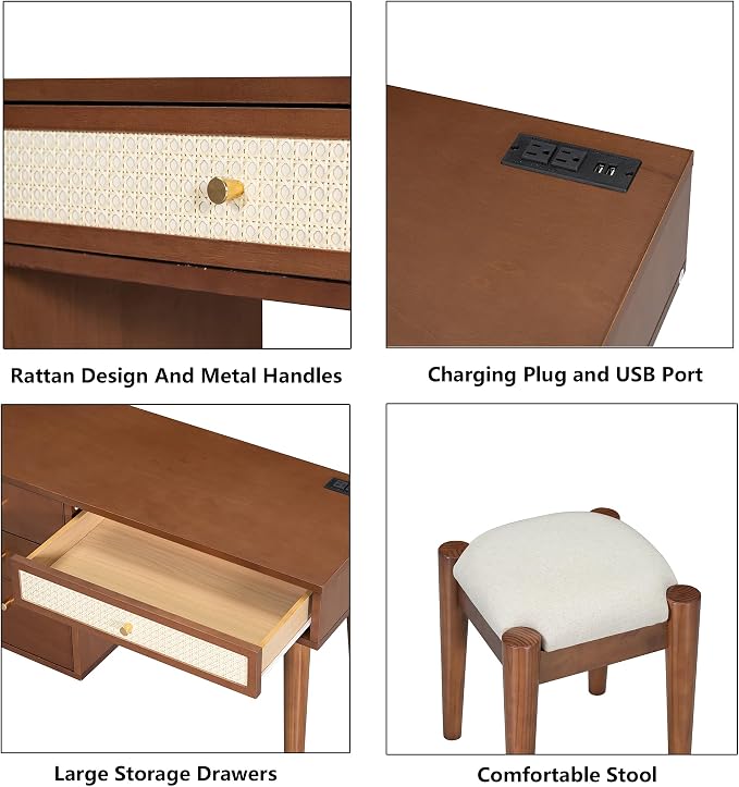 Walnut Vanity Desk No Mirror 39" Vintage Vanity Table with 4 Drawers & Power Outlet Mid-Century Modern Vanity Set for Girls with Stool & Rattan Decor