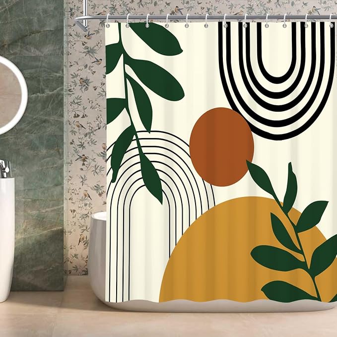 Boho Geometric Shower Curtain Beige Mid Century Abstract Arch Curve Bathroom Curtain Minimalistic Sun Shower Curtain Sets for Bathroom Extra Long 72x72 in with 12 Hooks