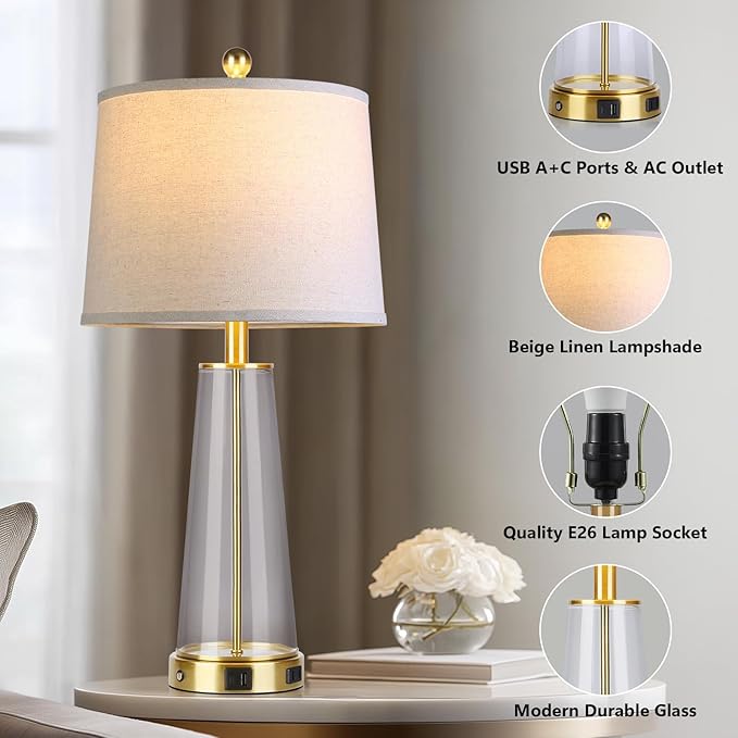 26" Glass Table Lamp Set of 2 with USB C+A Ports and AC Outlet, 3 Way Touch Modern Bedside Lamps for Night Stands, Gold Nightstand Lamps for Bedroom Living Room