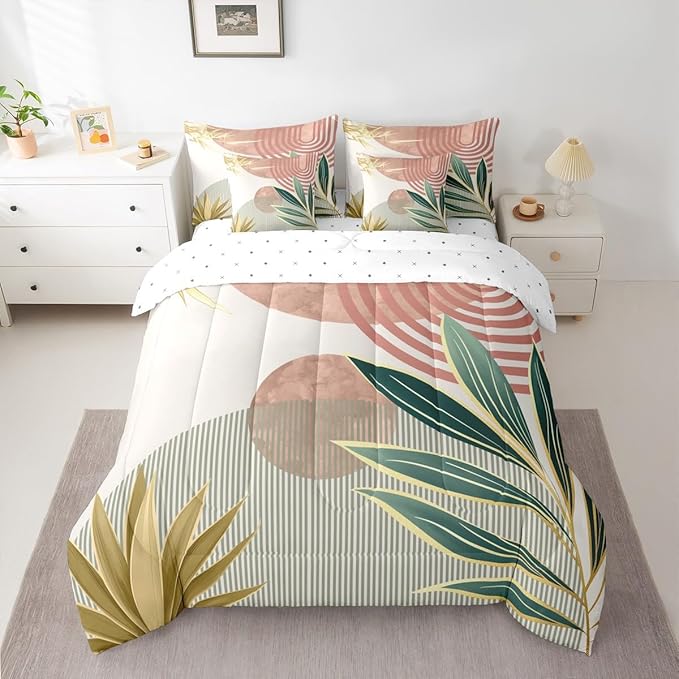 Erosebridal 7 Pcs Mid Century Boho Comforter Set Twin Abstract Retro Minimalist Bedding Sets for Women,Modern Bohemian Aesthetic Bed in a Bag Simple Quilt with Flat Fitted Sheet,Pink Green