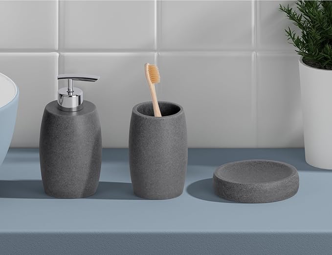 Grey Bathroom Accessories Set 3 PC, Resin Sandstone Look Soap Dispenser, Toothbrush Cup, Soap Dish, Bathroom Soap Dispenser Set for Home Decor and Kitchen
