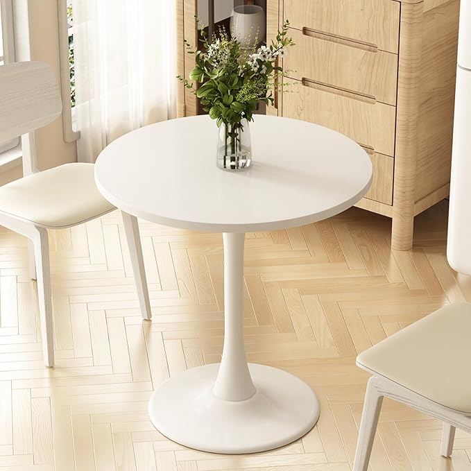 Round Dining Table 27.5" Circle Tulip Table with Wood Thickened Tabletop & Sturdy Metal Pedestal Mid Century Modern Leisure Bistro Kitchen Tables 4 People Small Places Living Room Cafe,White
