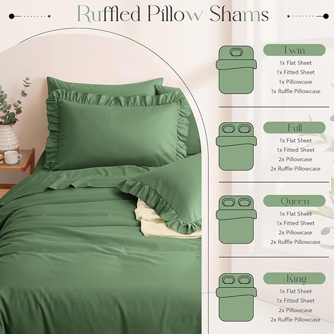 Horbaunal Sage Green Ruffle Sheets King Size 6 Piece, Fits 16" Deep Mattress, Microfiber Green King Sheets with 2 Ruffled Pillowcases, Shabby Chic King Bed Sheet Set