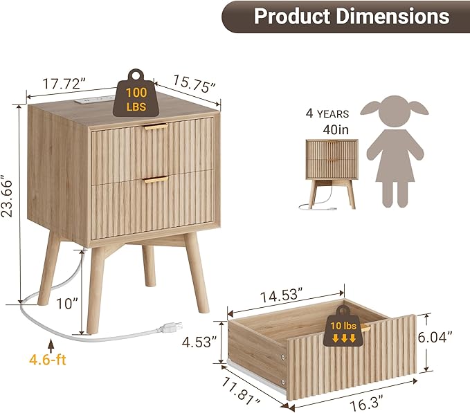 Fluted Nightstand, Night Stand Set 2, Modern Nightstands Set of 2 with Beveled Edge & Solid Wood Legs, 2 Drawer End Table with Charging Station, Wooden Bedside Table for Bedroom,Natural Oak