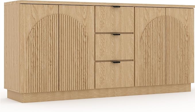 Brafab 67" Mid Century Modern Style Storage Sideboard with 4 Arched Reeded Design Doors and 3 Drawers with Adjustable Shelves, Suitable for Living Rooms, Studies and Dining Rooms (Natural Oak, 1 PCS)