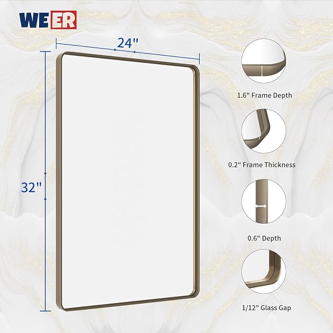 WEER 24x32 Inch Bronze Bathroom Mirror - Brushed Bronze Frame for Vanity, Rounded Rectangle with Tempered Glass, Anti-Rust (Horizontal/Vertical)