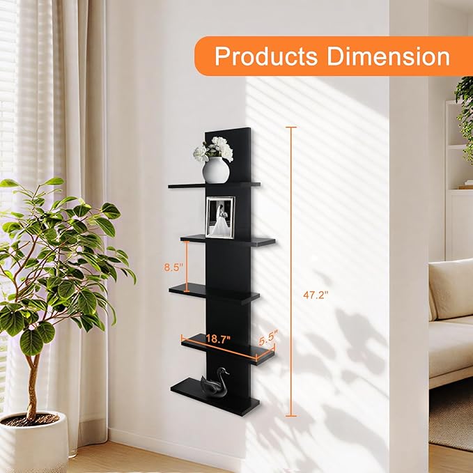 VIWODS 5 Tier Wall Shelf Unit-Black Floating Shelves for Home Decor, Modern Unique Asymmetric Design for Bedroom & Living Room Storage