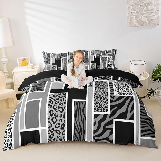 Erosebridal Leopard Print Duvet Cover Full Cheetah Zebra Skin Print Bedding Set Black Grey Animals Fur Rustic Comforter Cover for Kids Teen Adults,Geometric Square Patchwork Bed Set