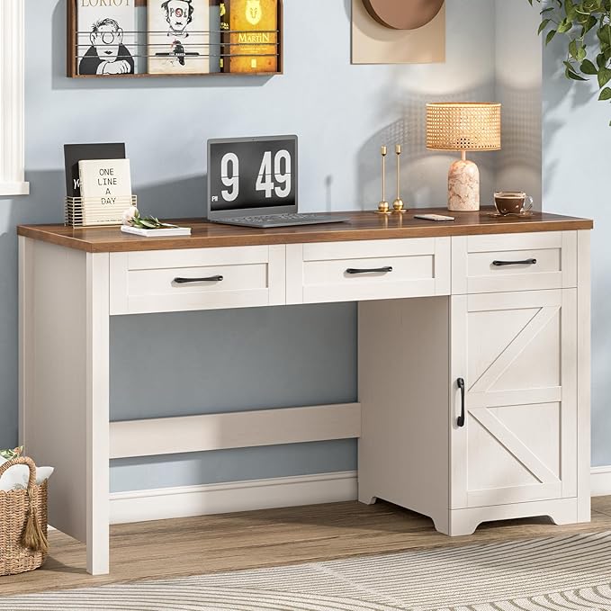 Vabches Farmhouse 55" Executive Desk,Computer Desk with 3 Drawers and Storage Cabinet,Home Office Desk for Work and Study