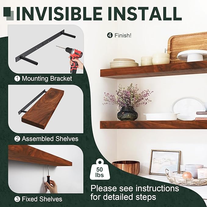 Walnut Wood Floating Shelves,Thicker and Wider Sturdy Wood Shelf for Wall Mount,Great for Bathroom,Bedroom,Kitchen and Living Room Decor,24 x 6 x 1.5 inch, Set of 2 (Walnut, 24")