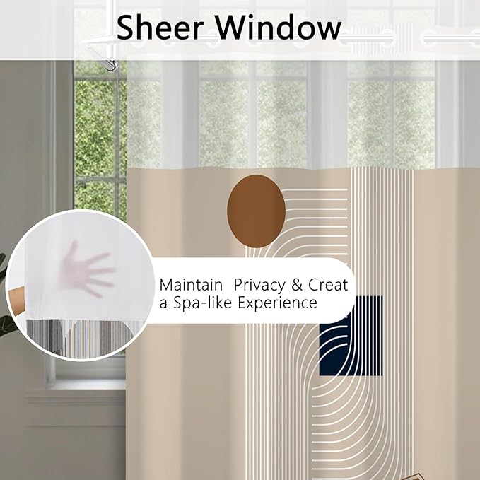 No Hook Boho Shower Curtain with Snap in Fabric Liner Set, Abstract Geometric Design, Mid Century Style Waterproof Shower Curtains for Bathroom, 71x74 Inches