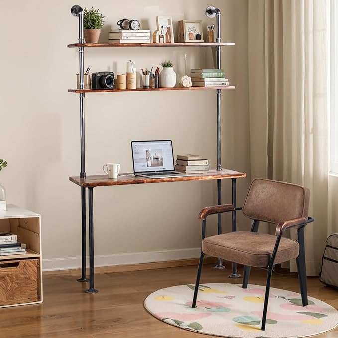 Industrial Leaning Desk with 2-Tiered Shelves Rustic Wall Mounted Computer Laptop Desk in Studying Room Farmhouse Writting Drafting Table for Office Pipe Design