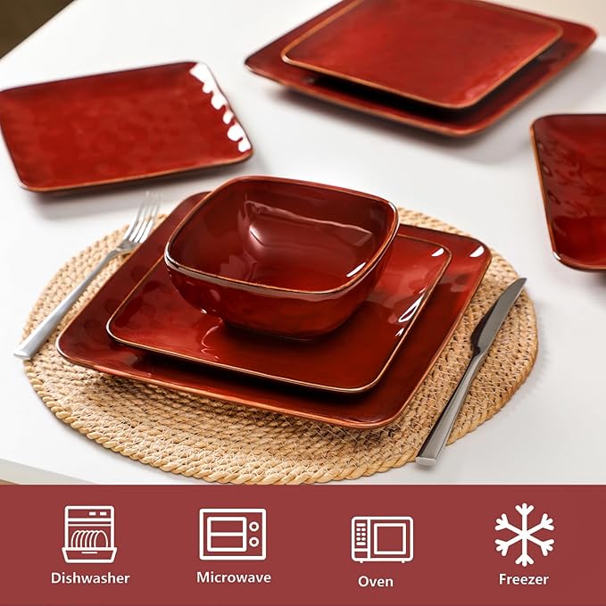 vicrays Ceramic Square 12 Pieces Dinnerware Set - Dinner Plates Salad Plates Cereal Bowls Set Service for 4 - Scratch Resistant Microwave Oven Dishwasher Safe - Cherry Red