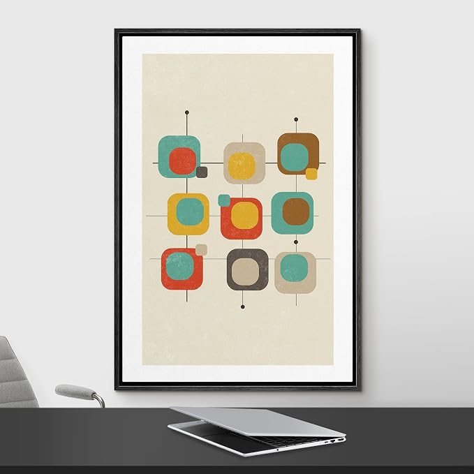 Woodrose Framed Canvas Print Wall Art Geometric 1960s Color Square Collage Abstract Shapes Illustrations Modern Minimalist Chic Multicolor for Living Room, Bedroom, Office - 24"x36" Black