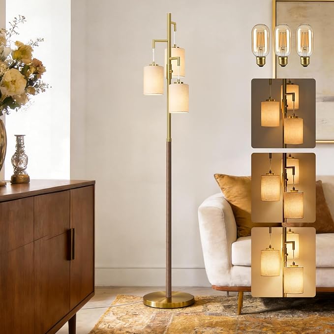 G-SAFAVA 70" Dimmable Floor Lamp Wood Floor Lamps for Living Room Bedroom Mid Century Modern Floor Lamp Gold Standing Lamp Tall Lamps for Office Nursery Reading Elegant Stand Up Lamp, 3 Bulbs Included