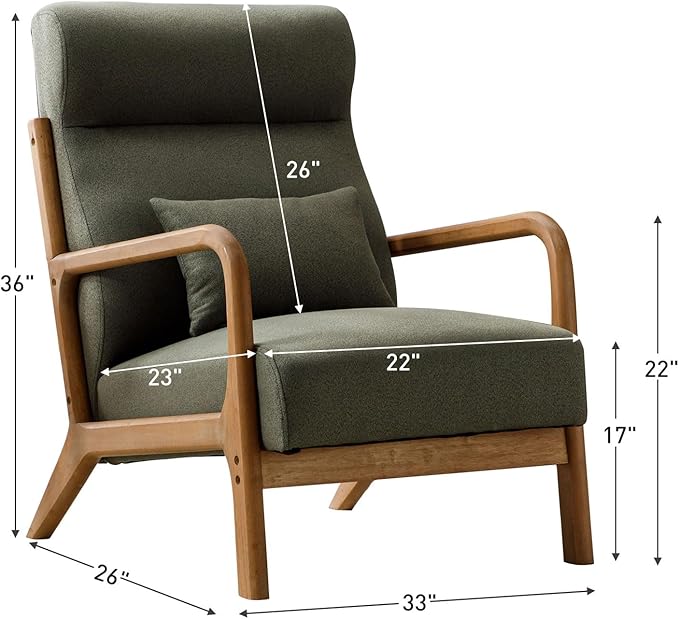ANJ Mid Century Modern Accent Chair with High Back, Single Lounge Armchair with Solid Wood Frame, Comfy Reading Chair for Living Room, Easy Assembly