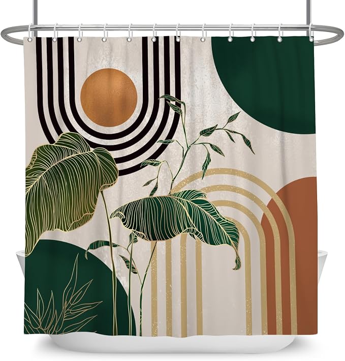 Boho Green Geometric Shower Curtain Bohemian Abstract Mid Century Tropical Bathroom Curtain Minimalist Modern Palm Leaf Shower Curtain Sets for Bathroom Extra Long 72x96 in with 12 Hooks