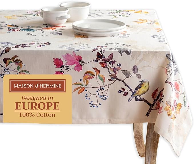 Maison d' Hermine Table Cloth Rectangle Table 100% Cotton 70 x 108 Inches Fall Tablecloth Reusable Everyday Use for Thanksgiving Christmas Decorations Dining Farmhouse Party (Equinoxe - Beige)