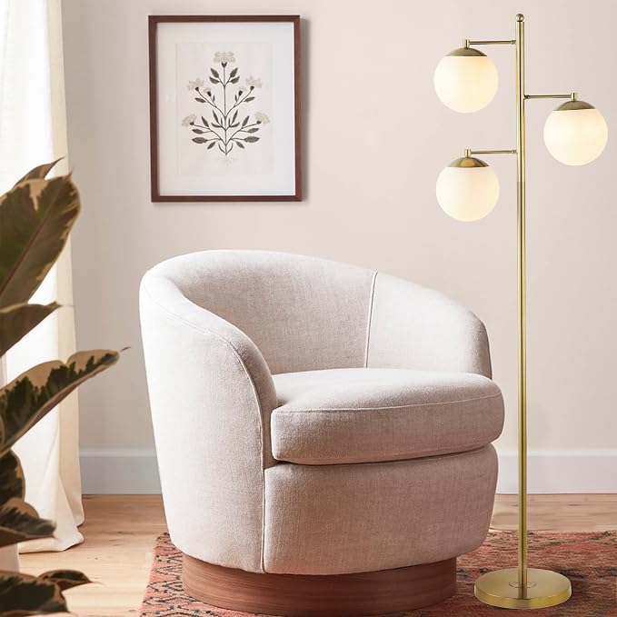 JONATHAN Y 66" Brass Gold 3-Light Mid-Century Modern LED Floor Lamp, Art Deco Triple Frosted Glass Globe Standing Lamp for Living Room, Bedroom, LED Bulbs Included JYL3087A