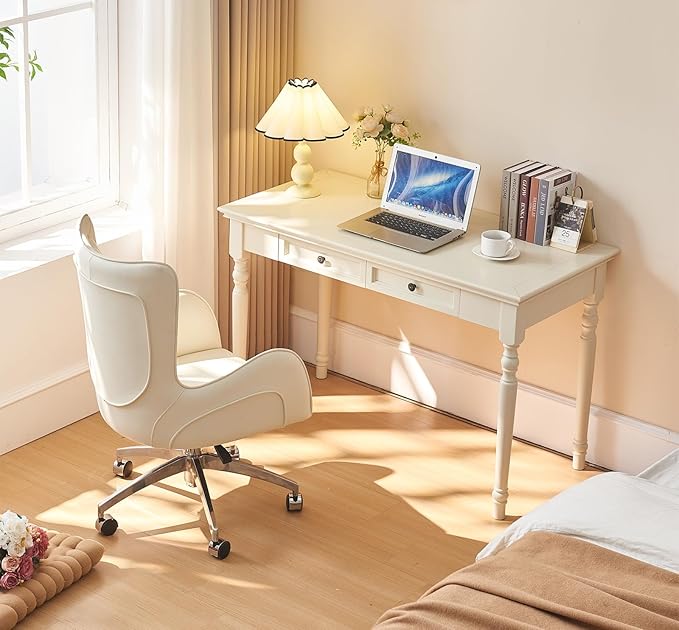 ADORZ Writing Desk with Drawers, 47 Inch French Country Desk Solid Wood Writing Desk for Home Office, Study Workspace or Bedroom (White, 47 inches)