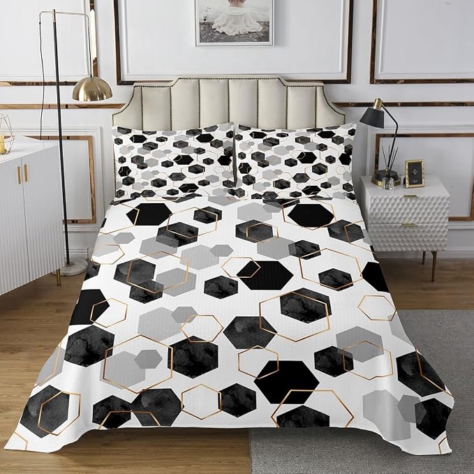 Erosebridal Black and Grey Quilt Set for Bedroom - Marbling Geometric Art Kids Coverlet Set, Minimalist Abstract Golden Striped Bedspread Sets for Home Decor, King 3 Pieces
