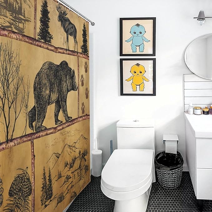 Rustic Cabin Vintage Bear Shower Curtain, Farmhouse Country Antique Bear Moose Forest Vintage Wood Camping Waterproof Shower Curtains for Bathroom Decor 12 Pack Hooks 66x72in（168x183cm）