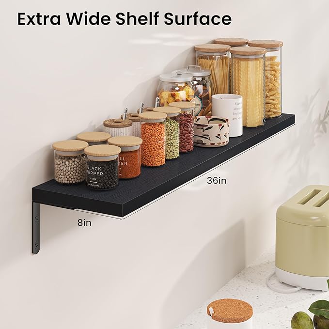 Marsmiles Extra Wide Floating Shelves for Wall, 36x8 Inch Natural Wood Grain Bookshelves, Heavy Duty Mounted Shelving for Bathroom, Kitchen, Living Room, Bedroom,Set of 2，Black