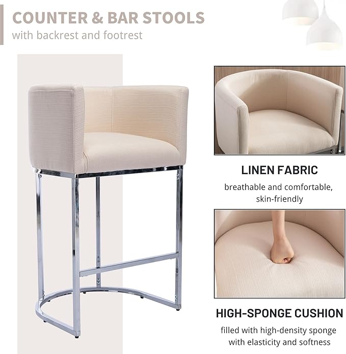 Contemporary Cream Linen Bar Stools Set of 3, 29" Upholstered Fabric Counter Height Barstools Kitchen Counter Island Stools with Screwed Together Chrome Finish Base