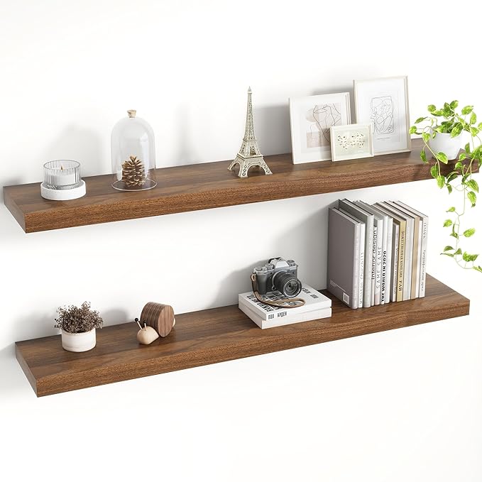 40 Inch Floating Shelves, 8 Inch Deep Floating Shelves for Wall, Hanging Shelf with Invisible Brackets, Deep Shelves for Bathroom, Bedroom, Living Room, Walnut, Set of 2