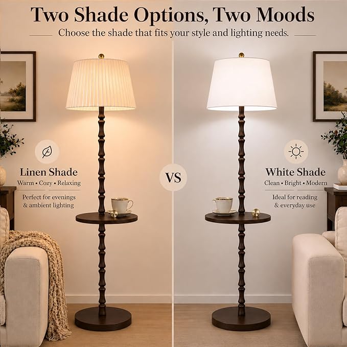 Real Wood Floor Lamp with Built-in Tray, Remote Control, Adjustable Brightness & 3 Color Temperatures, Dimmable Standing Lamp for Living Room, Bedroom, and Office – Easy Setup(Dark Walnut)