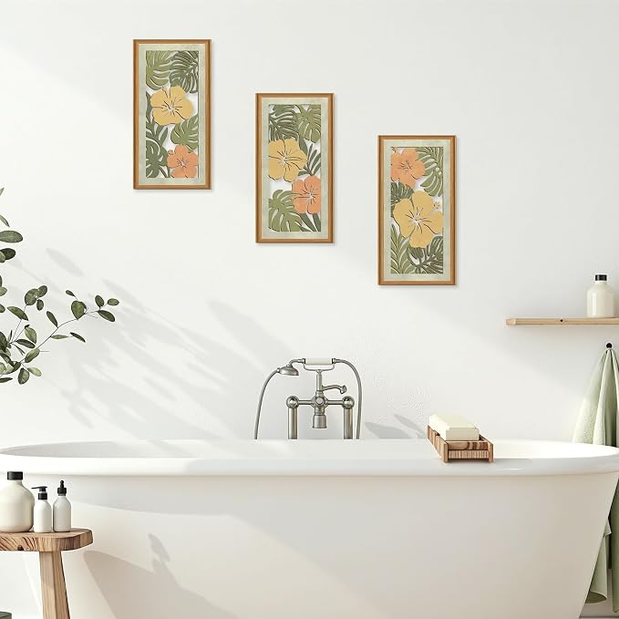 Celestdeco 3 Pcs Boho Flower Market Wall Decor Floral Botanical Modern Wood Wall Art Bohemian Floral Hanging Decor Abstract Minimalist Wooden Art for Living Room Bedroom Office 7.9 x15.8 Inch