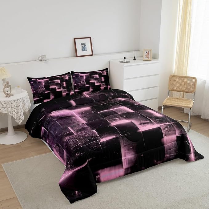 Erosebridal Black and Pink Comforter Set Twin Modern Abstract Twin Bedding, 3D Glowing Plaid Bedding Comforter Sets Gradient Grid Duvet, Neon Square Quilted Comforter 2pcs (Black Reversible)