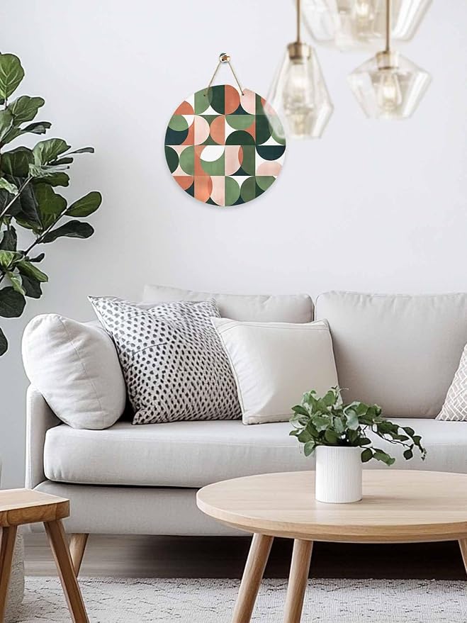 Welcome Sign for Front Door Mid Century Geometric Wood Door Hanger for Outdoor Outside Porch,12 Inch Round Wooden Wreath Indoor Wall Hanging Decoration, Abstract Modern Green Orange