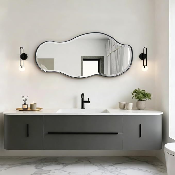 POZINO Irregular Beveled Mirror, 40"x18" Asymmetrical Vanity Wall Mirror with Black Metal Frame, Organic Shape Mirrors for Entryway Bedroom Bathroom Living Room, Horizontal/Vertical Hanging