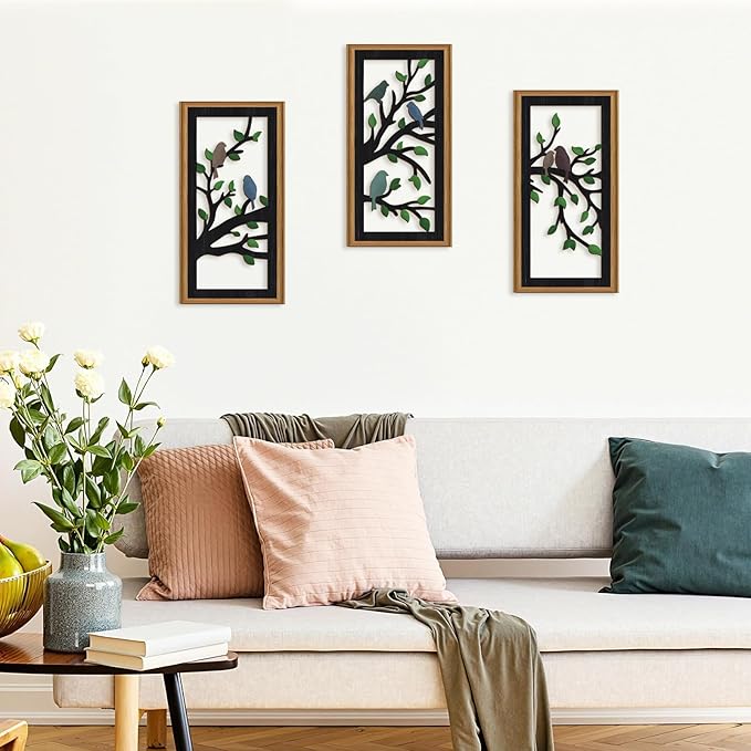 Ausril 3 Pcs Birds Tree Branch Wall Decor,Black Tree of Life Wall Art,Green Leaves with Bird Wall Art,Branch Birds Silhouette Artwork Sculpture,Black Tree Sign Wood Framed for Home Living Room Bedroom