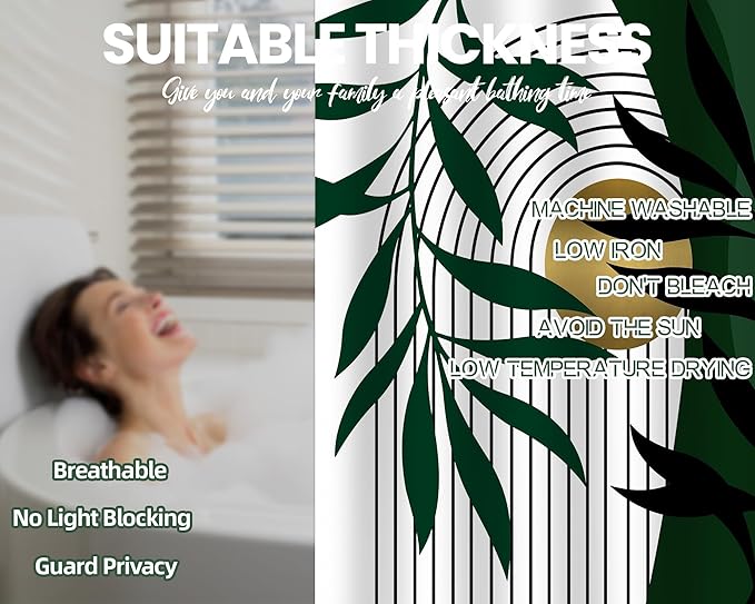 Olive Green and Gold Shower Curtain, Boho Modern Mid Century Shower Curtains for Bathroom Decor Set, Waterproof Fabric with Hooks, 48" W x 72" L