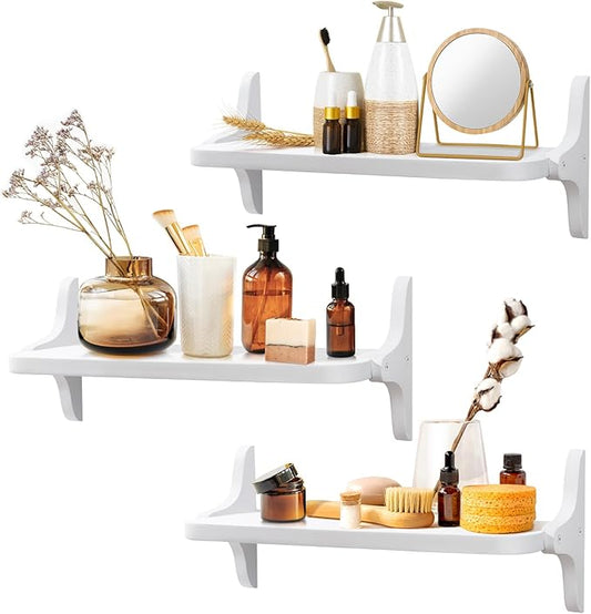 Wooden Floating Shelves for Wall, 15.7" W x 5" D x 0.6" H Large Wall Shelves, Hanging Storage Shelf with Sturdy Brackets for Living Room, Kitchen, Bathroom, Bedroom Decor, White, 3 Packs