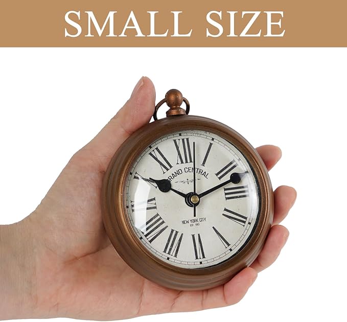 NIKKY HOME Small Vintage Desk Clock, Silent Decorative Bronze Table Clock | Non-Ticking Battery-Operated Metal Clock with Roman Numerals, Perfect for Living Rooms, Offices, Shelves, Mantels