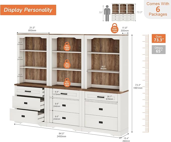 WAMPAT 3 Column 73.3" Tall Bookcase with Chest of Drawers, 94.5 inch Wide Standing Rustic Bookshelves, Modern Farmhouse Display Storage Cabinet with Adjustable Shelves,Antique White