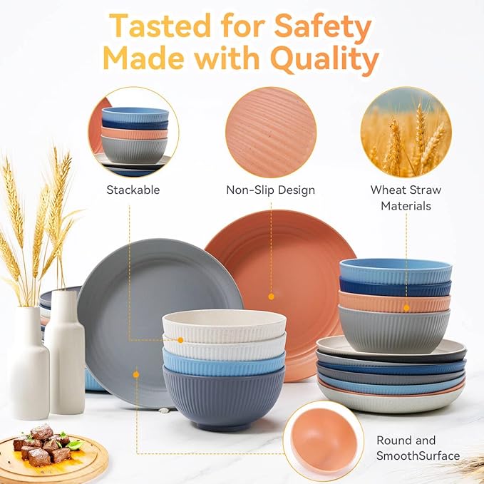 Wheat Straw Dinnerware Sets,64-Piece Plates and Bowls Sets for 8-Unbreakable,Reusable Plastic Dish Set-Dinner Plate/Dessert Plate/Cereal Bowl/Cup/Utensils-Microwave Dishwasher Safe 64P-Profound Gray